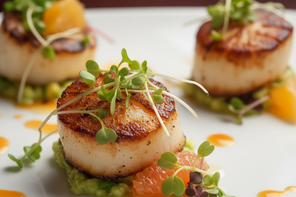 Seared scallops with microgreens and citrus garnish